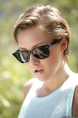 Bailey Bae demonstrating her timmed pussy and natural titties outdoor