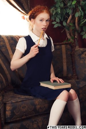 Bored teen redhead Dolly Little with delightful booty gets dirty while studying