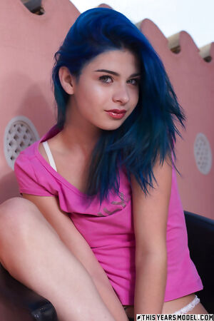 Blue haired teen Ivy Blue in a white thong shows her wild side