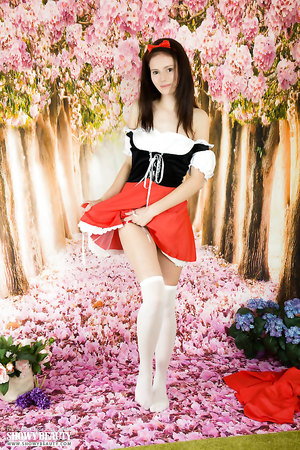Sexiest teen Kora in Alice in wonderland costume teases with her naked snatch