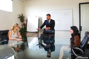 Hunk boss Calvin Hardy orders female coworkers to undress and fuck in his office while he watches