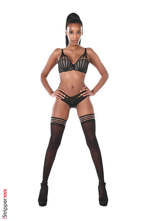Curvy hot ebony Asia Rae with a juicy ass posing in sheer black lingerie