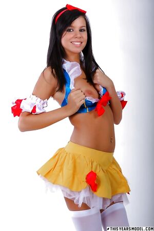 Hot cosplay teen Destiny Moody flashes her shaved pussy in sexy costume