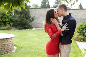 Brunette in red Jimena Lago with small tits gets her twat smashed